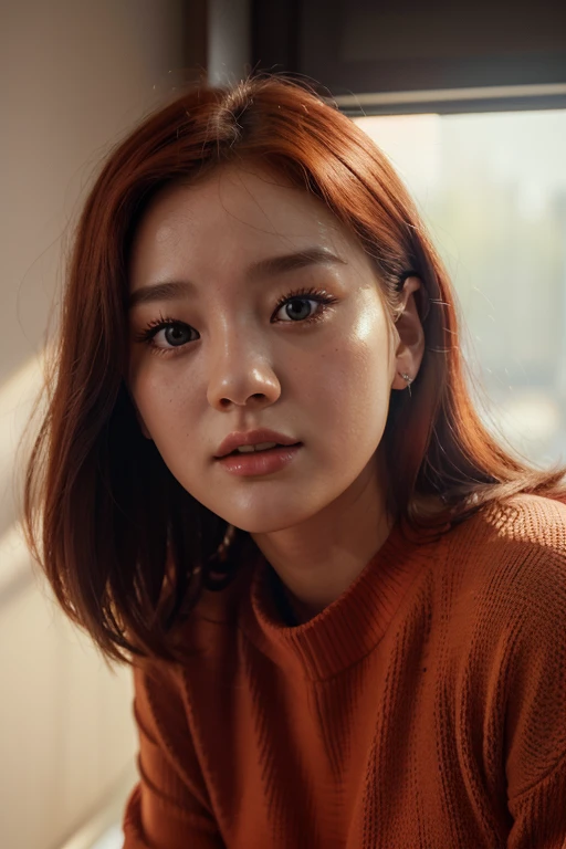 RAW photo of Nancy Jewel McDonie from momoland korean girl idol with sweater, red hair, Photorealistic, Hyperrealistic, Hyperdetailed, low cut, detailed skin, soft lighting, subsurface scattering, realistic, heavy shadow, masterpiece, best quality, ultra realistic, 8k, golden ratio, Intricate, High Detail, film photography, soft focus