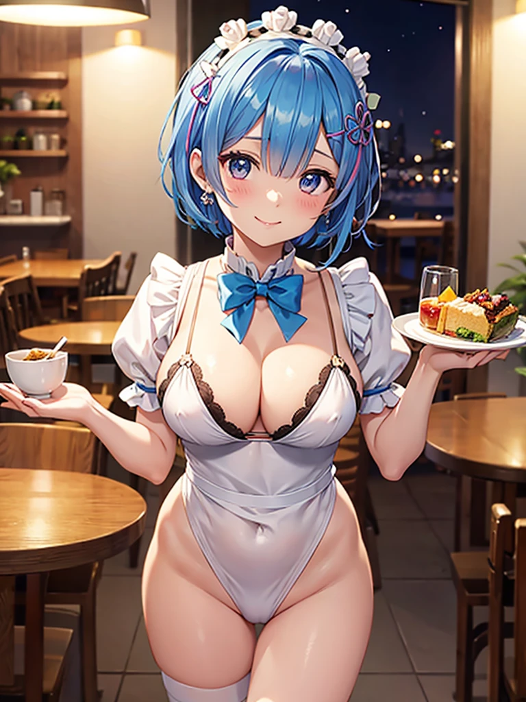 Rem,Re:zero, blue hair,short hair,masterpiece, highest quality, one high school girl, huge breasts, night, indoor, lively restaurant,( micro bikini), earrings, white apron, Puffy short sleeves, between breasts, small tray,cleavage bow tie, shy smile, happiness, maid headdress,