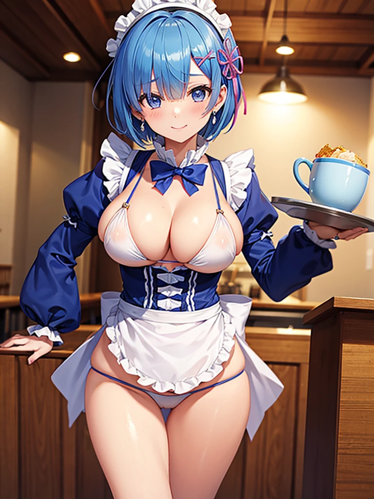 Rem,Re:zero, blue hair,short hair,masterpiece, highest quality, one high school girl, huge breasts, night, indoor, lively restaurant,( micro bikini), earrings, white apron, Puffy short sleeves, between breasts, small tray,cleavage bow tie, shy smile, happiness, maid headdress,