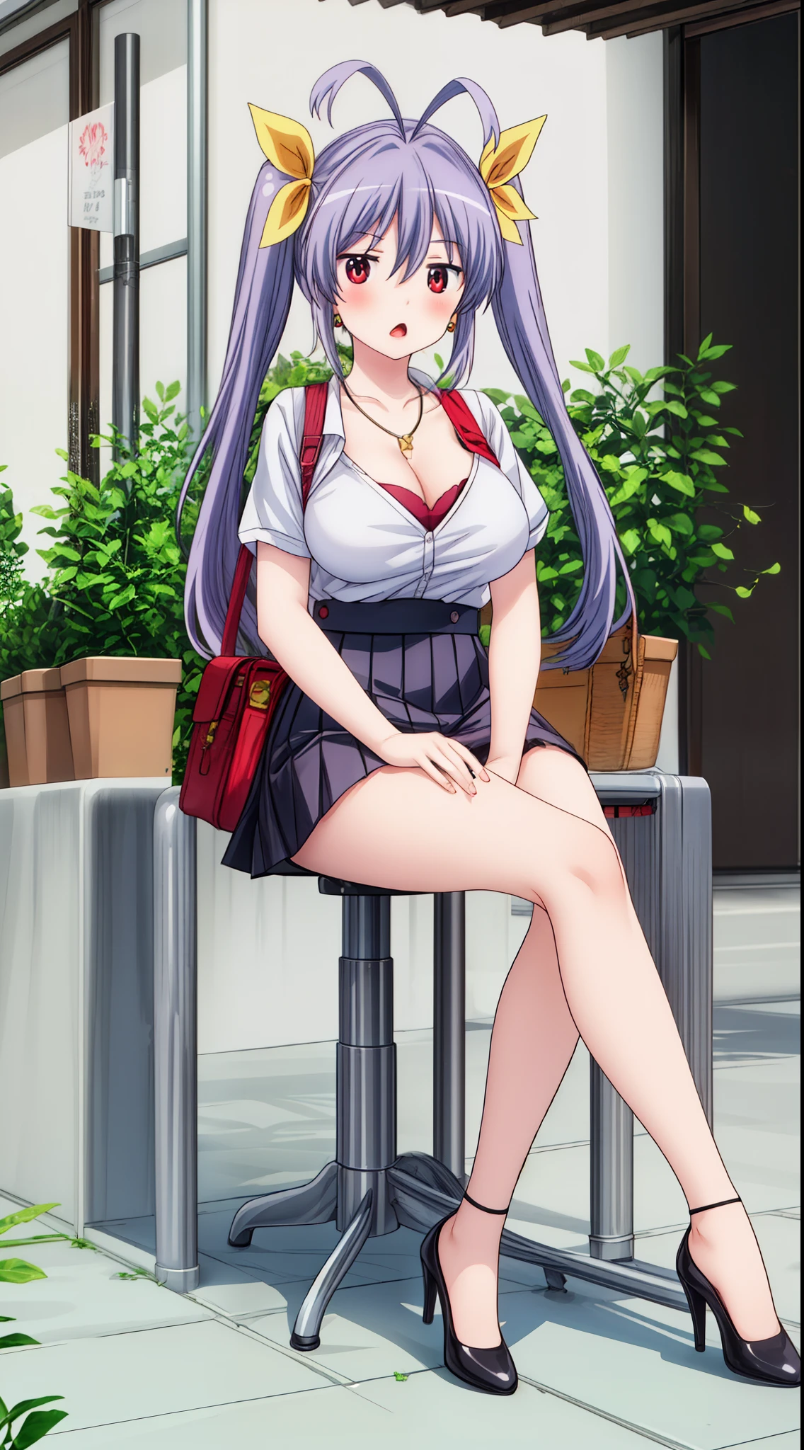 miyauchi_renge_nonnonbiyori, purple_hair, red_eyes, long_hair, twintails, ribbon, hair_ribbon, blush, antenna_hair, yellow_ribbon, hair_between_eyes,
(Beautiful, Huge_Breasts), short skirt, illustration an anime/cartoon character, this sexy woman in stockings sitting on a bench near building awnings, 1girl, breasts, skirt, jewelry, solo, crossed legs, cleavage, sitting, shirt, black hair, short hair, necklace, earrings, white shirt, black footwear, looking at viewer, pleated skirt, bangs, large breasts, collared shirt, thighs, open mouth, short sleeves, black skirt, blush, high heels.
official art, extremely detailed CG unity 8k wallpaper, perfect lighting,Colorful, Bright_Front_face_Lightinasterpiece:1.0),(best_quality:1.0), ultra high res,4K,ultra-detailed,
photography, 8K, HDR, highres, absurdres:1.2, Kodak portra 400, film grain, blurry background, bokeh:1.2, lens flare, (vibrant_color:1.2)
, (beautiful_face:1.5),(narrow_waist),