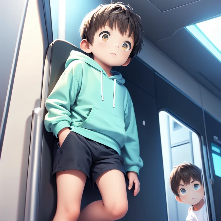 Male child looking to the side, with brown hair and blue hoodie and green shorts and brown eyes., below perspective 