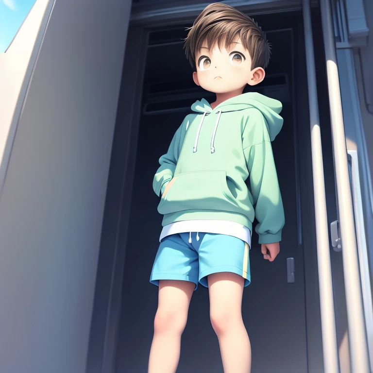 Male  looking to the side, with brown hair and blue hoodie and green shorts and brown eyes., below perspective 