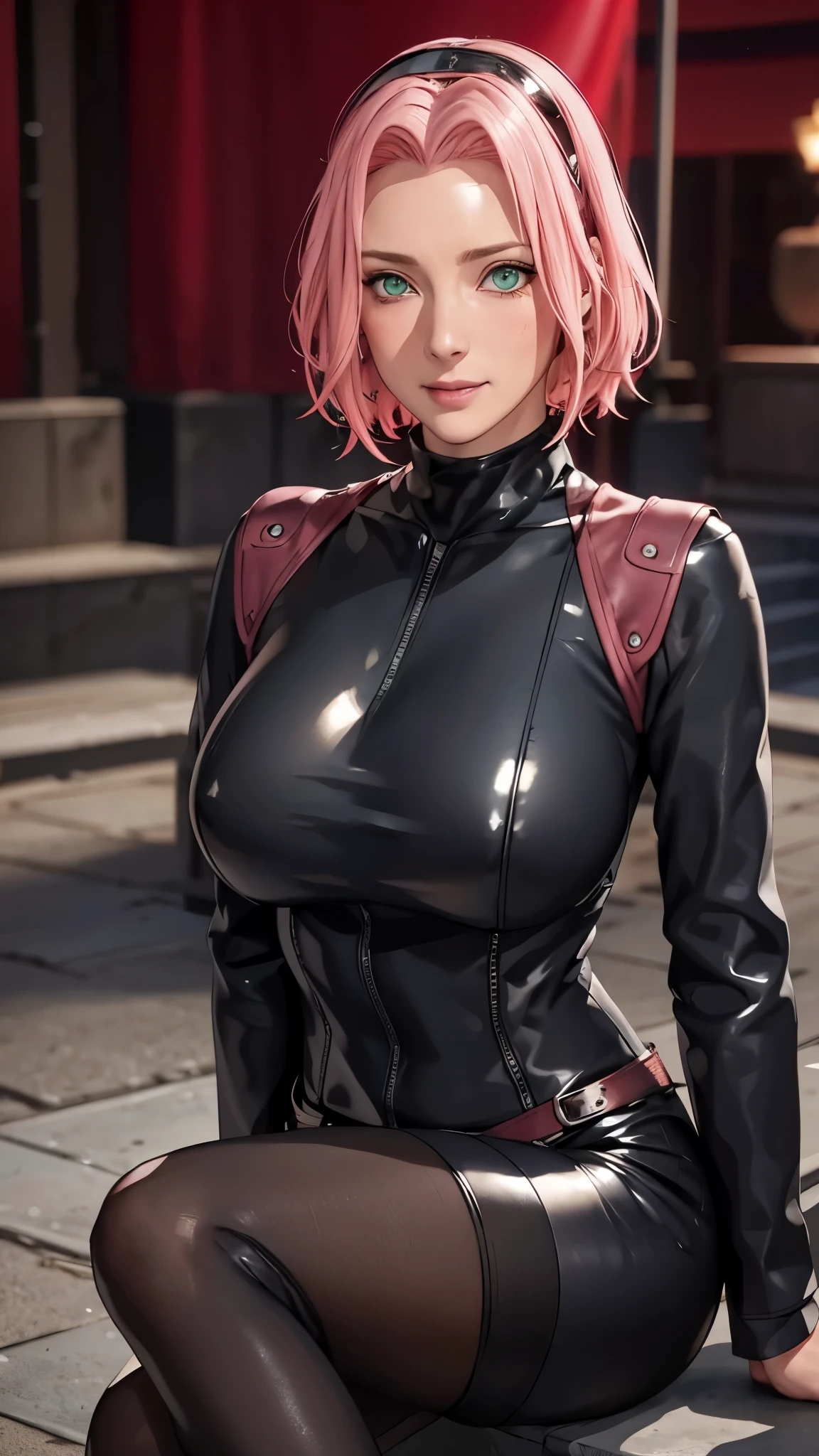 (((short hair,pink hair,Black leather tights suit,Black leather clothes,Black latex clothing,(((danya,Sakura,green eyes,bangs,forehead protector, shinobi symbol, ))),(((wide hips))),S-shaped body:1.7))),((masterpiece)),high resolution, ((Best quality at best)),masterpiece,quality,Best quality,((( Exquisite facial features,looking at the audience,There is light in the eyes,blush,laughing out loud,happy,excited ))),(((Light and shadow interlace,huge ))),(((sitting,lifting one leg,Put your hands behind your back)))