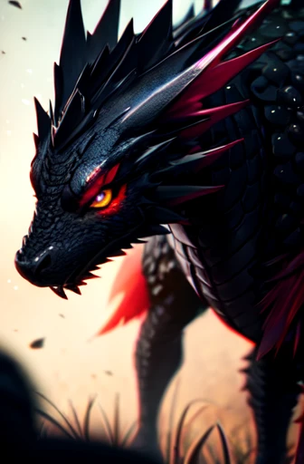 ((best quality)), ((masterpiece)), (detailed), perfect face ((best quality)), ((masterpiece)), (detailed), perfect face, 1 man, outer space background, light particle, solo, blonde hair with purple tips, two block cut, heterochromia eyes, right eye purple, left eye blue, standing, in the form of a hamaniod black dragon, with red runics all around his body, depth of field, cinematic composition, best lighting