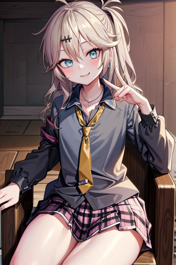 masterpiece, highest quality, High resolution,8K, Kasukabe Tsumugi ,1 girl, blonde hair, long hair, beautiful eyes, jewelry, black shirt, Tied shirts, Pink necklace, blue tie, plaid skirt,, smile, Are standing, cowboy shot, outdoor,sat on a chair,neat fingers,hand,luster,Plump thighs