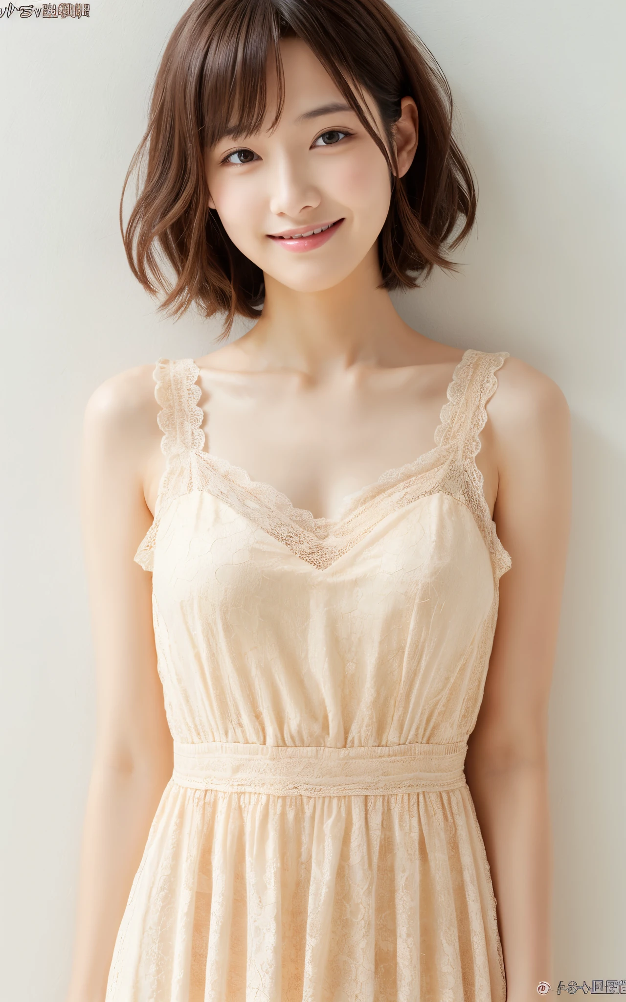 ((of the highest quality, 8K, masutepiece: 1.3)), Beauty, 1 Japanese Girl, cute girl, full body, standing, light smile, dark brown hair, bob hair, ((straight hair)), 29 years old, Detailed face, very detailed lips, Detailed eyes, Double eyelids, Sweaty skin: 1.2, (chemise dress, lacy dress, long dress, sandals), white background,