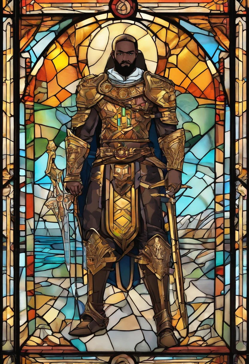 Um homem negro, gordo ((1,75cm_123kg)), usando roupas de guerreiros africanos antigos , carrying a shield in his left arm and a spear in his right arm, com poderes da terra e tendo um stand ((Jojo)) das sobras chamado "castle of Glass" , usando cabelo dread ((corpo_todo))