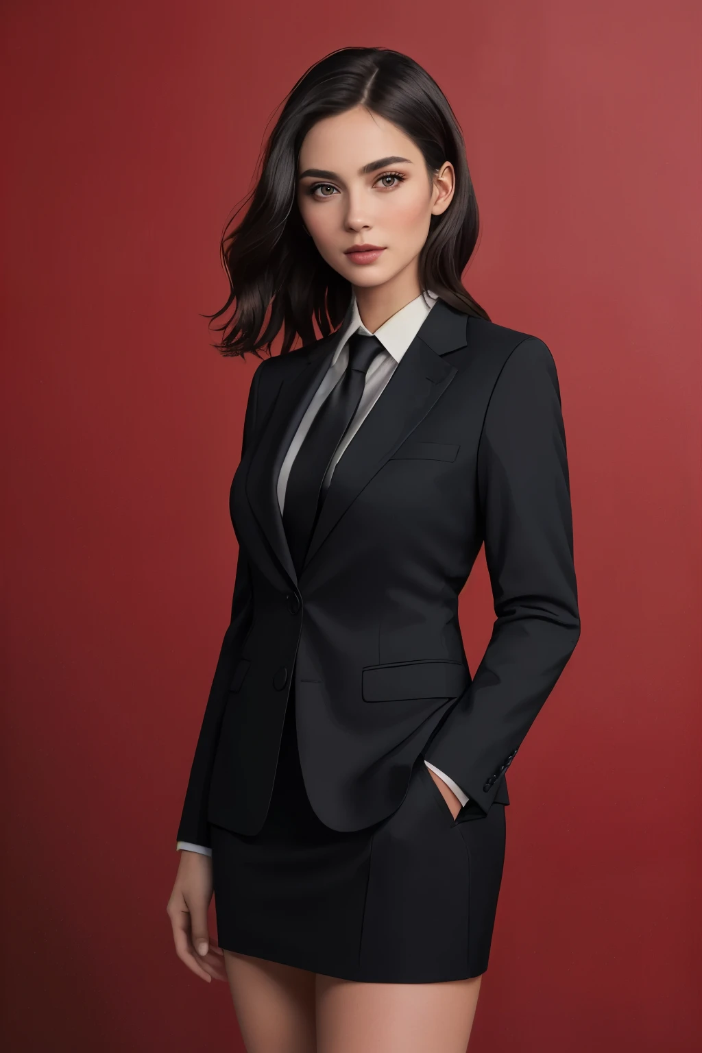 ((best quality)), ((masterpiece)), (detailed), perfect face , Fujifilm, style photo of there is a woman in a black suit face look front , photo state , girl in suit, girl in a suit, wearing black business suit, wearing business suit, , woman in black business suit mini skirt, red Background solid , in photo studio , ((Ultra realistic)) , ((16 k UHD))