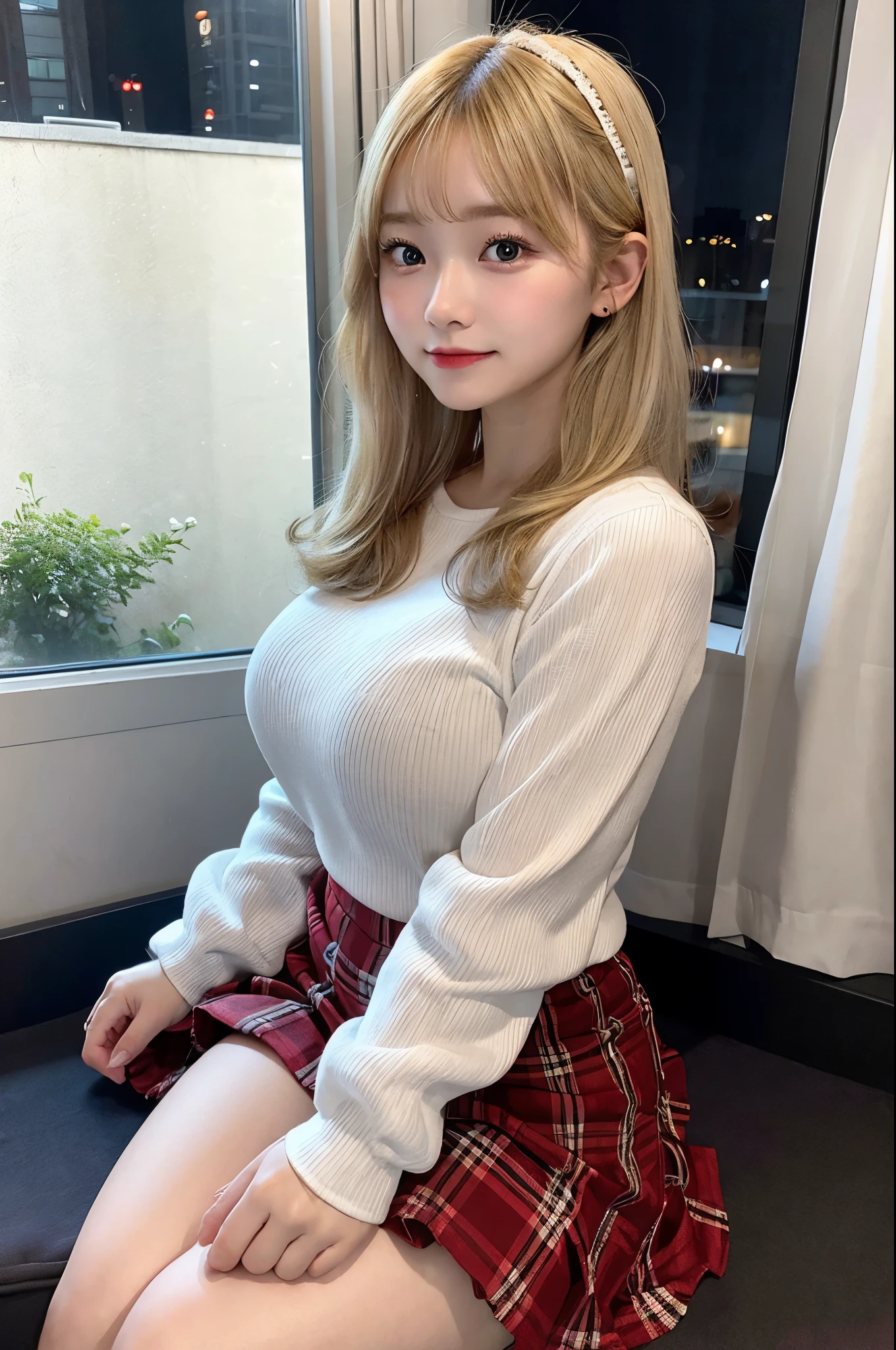 Highest image quality、4K、8K、big breasts、G cup、cute、round face、baby face、20-year-old、bright blonde、medium hair、chubby、Wearing a white long-sleeved 、She is wearing a red and black checked skirt.、beautiful feet、dim room、sitting on a luxurious bed、There is a window in the back with a view of the night view、I can see the whole body