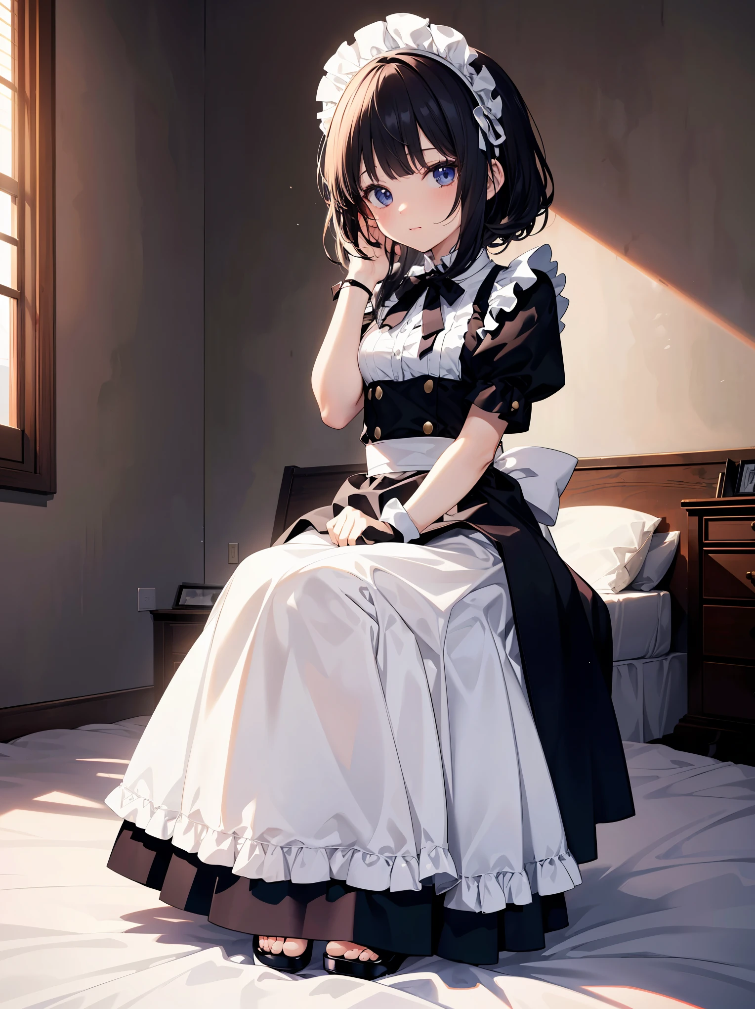 Masterpiece, ((Highest quality)), Female, ((Solo)), Female in her 20s, ((Babes)), ((Head to toe)), ((Full body)), ((Maid)), ((Female) Servant)), ((Small room in a big mansion)),((Sitting on the bed)),((It's been a long time)),((Rest day)),((Free time)),((A big mansion) Focus on the maid babes who are having fun on their day off in their small room)), ((Anime face)), Ultra high-definition 8K CG wallpaper, ultra high resolution/high definition 8K CG wallpaper, ultra high definition/high definition CG integrated 8K wallpaper, ((noise clear)),