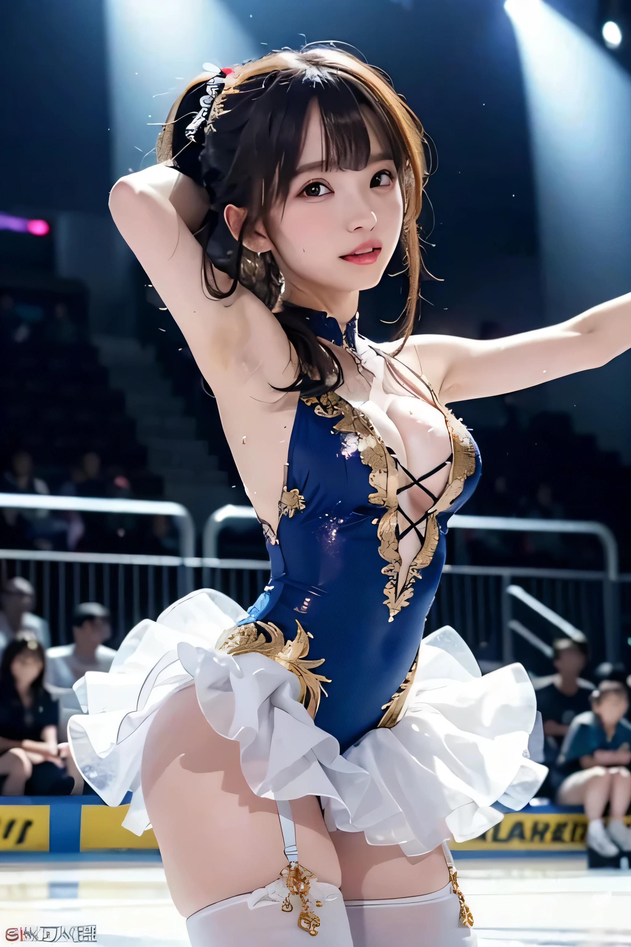 ((RAW image quality:1.4)), RAW image quality、8K resolution、(official art、highest quality、unity 8k wallpaper、At 32K、masterpiece、Super detailed、ultra high resolution、genuine、photogenuineistic:1.2)、(cinematic lighting:1.2)、(whole body)、genuineistic student、Sharp eyes and white figure skating costume、While skating、frills、sharp focus、(Self-filling appearance:1.2)、I opened my mouth a little..、smile、There were a lot of people in the audience、It has an enthusiastic audience、(braided ponytail、Beautiful hair of golden color、 eyes are blue)、(Play Figure Skating、Stretch your arms and glide:1.2)、cleavage、thighs、(sweating:1.2)、