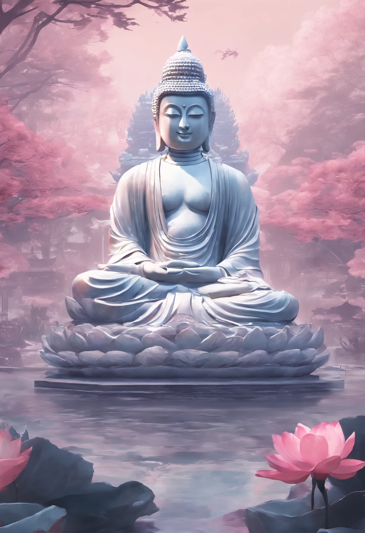 Kichijoten ice sculpture，Attentive environment，Flowers are blooming next to it　Sitting on a lotus flower、Buddha statue、The background is pale pink flowers.