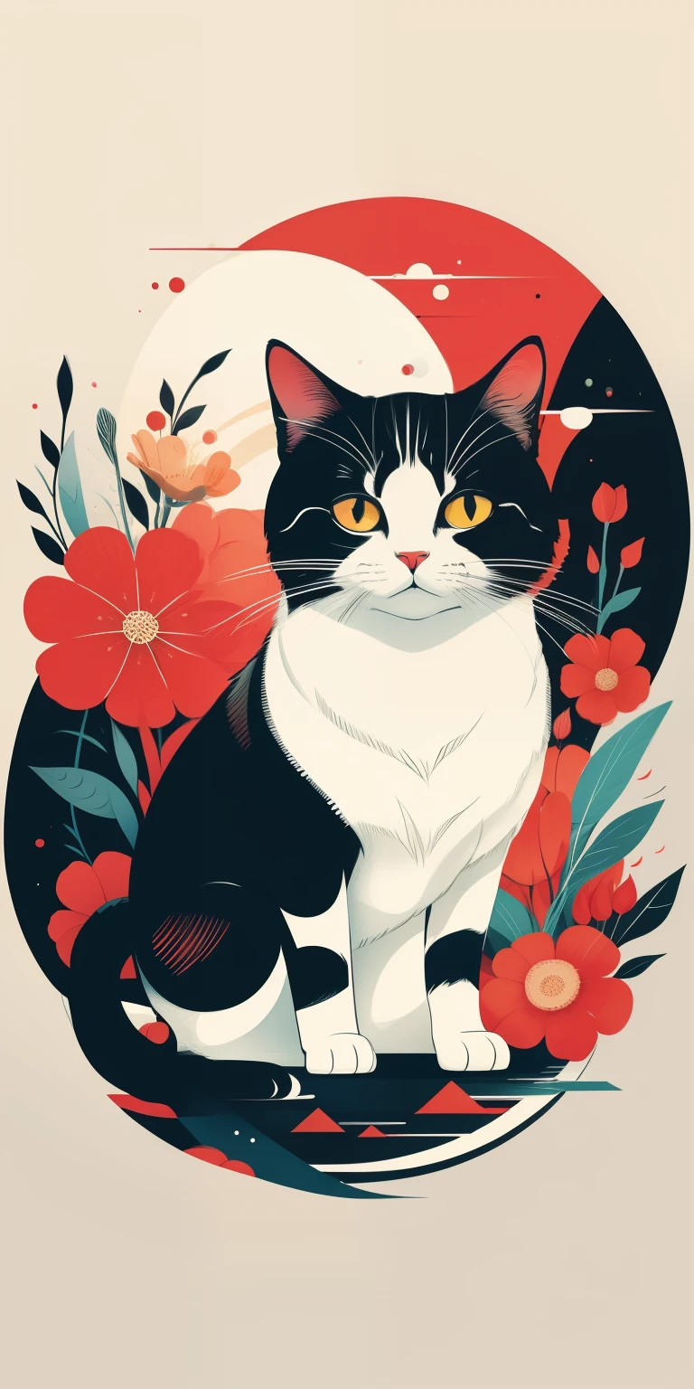 (obra de arte, melhor qualidade: 1.2), Shukizuma, negative space, Shuimobysim, pintura a tinta, Cores coloridas, traditional chinese, gatinho fofo brincando com flores, peaceful, (sorriso), Olhando para as cenas, color saturation, cores brilhantes