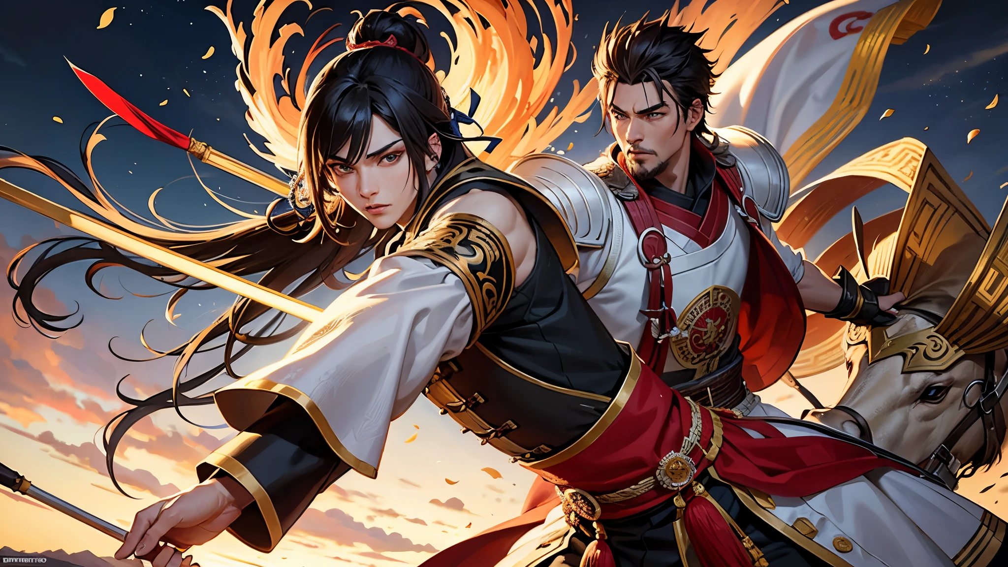 The image of Lü Bu in the Romance of the Three Kingdoms, a masterpiece of art, boasts high resolution and exquisite details. His imposing figure, clad in armor, is brought to life with such realism that each line and texture can be discerned with utmost clarity. The dynamic lighting adds depth to the image, casting intriguing shadows on Lü Bu's face and body, accentuating every crease and curve. His fierce expression, with piercing eyes and prominent brows, stirs a sense of awe and determination within the viewer. Horses and soldiers in the background further underscore the grandeur of the scene, immersing the audience in the rich