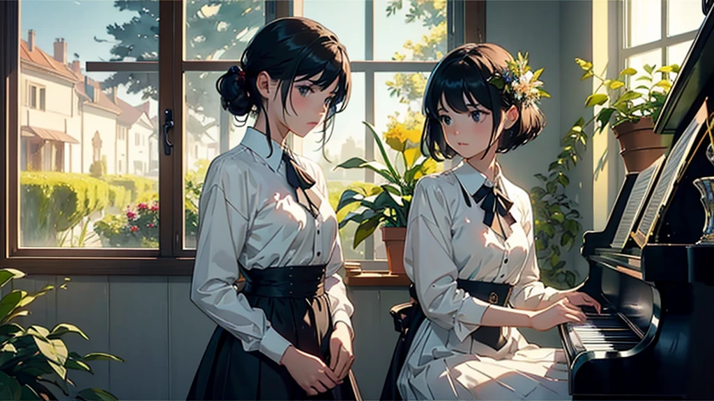 ((Watercolor by singer Sargent))、(highest quality、masterpiece)、1 girl、17 years old、wonderful、short black hair、black eye、small breasts、uniform、long skirt、piano、Draw sheet music for lots of music、score、music、Floral、window、Foliage plant、 wood、soft light、