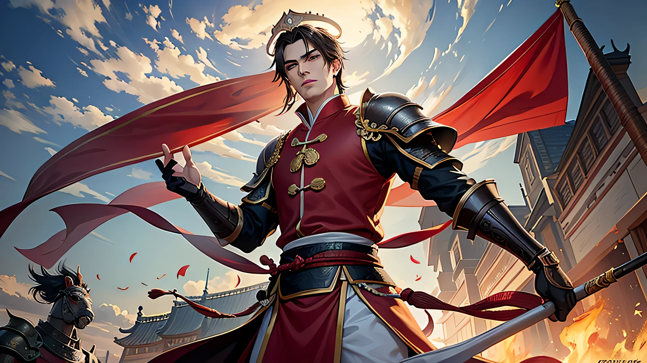 The image of Lü Bu in the Romance of the Three Kingdoms, Uma obra-prima da arte, It has high resolution and exquisite details. Sua figura imponente, Revestido de armadura, ganha vida com tanto realismo que cada linha e textura podem ser discernidas com a maior clareza. Dynamic lighting adds depth to the image, casting intriguing shadows on Lü Bu&#39;s face and body, acentuando cada vinco e curva. Your fierce expression, com olhos penetrantes e sobrancelhas proeminentes, awakens a sense of wonder and determination in the viewer. Cavalos e soldados ao fundo ressaltam ainda mais a grandiosidade da cena, immersing the public in the rich
