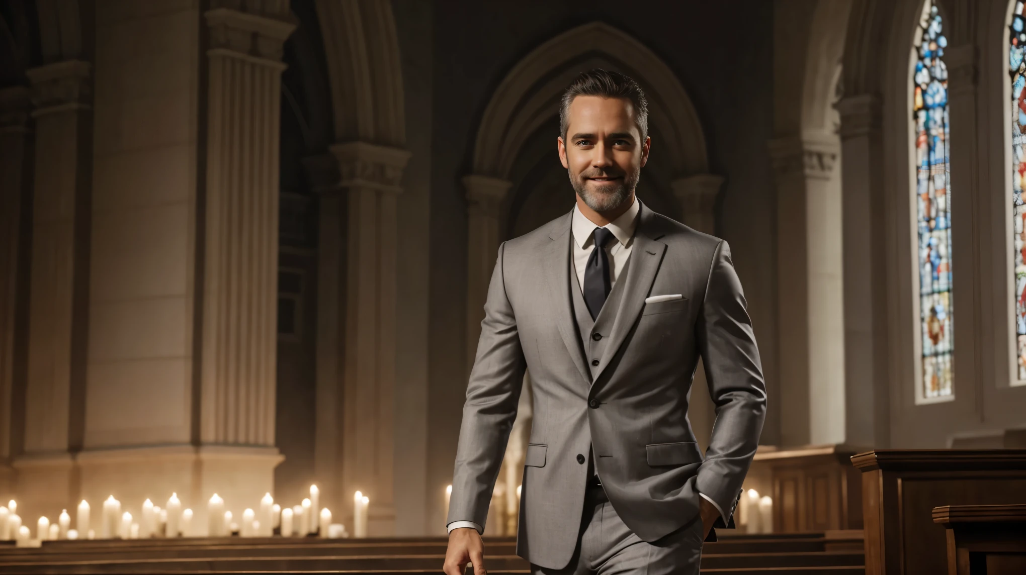 Create Actor Jay Harrington as a King, wearing suit, short gray hair, short beard, best ultra HD quality, Christian temple image background, happy and smiling, cinematic effect, heavenly mood, King looking at the center of the image, cover style film, 8k.