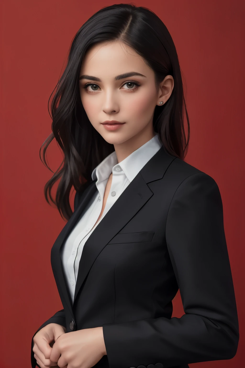 ((best quality)), ((masterpiece)), (detailed), perfect face , Fujifilm, style photo of there is a woman in a black suit face look front , close up , photo state , girl in suit wearing black business suit, wearing business suit, , woman in black business suit mini skirt, red Background solid , in photo studio , ((Ultra realistic)) , ((16 k UHD))