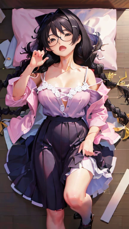 hanekawa tsubasa、attack of glasses、black hairの、big breastsのCompletely naked、 (black hair, brown eyes, round face), big breasts, With ribbon, (blush your nose, Naughty, half-open eyes, drooling),on the bed in the infirmary, [full body shot]、BDSM、Lots of love juice、pale pubic hair、wearing a black dog collar,full body shot,wide open legs、Glasses、lying in bed、hands tied above the head、head to toe shot、Squirting、Squirting、hips move up and down、chest moves up and down、cry in pain、Pee、((masterpiece)), ((highest quality)), (Super detailed), ((cute)), cute, (Lovely), ((very detailed)), 4K, (8K), highest quality, (beautiful), anime style、pink nipples、Completely naked、