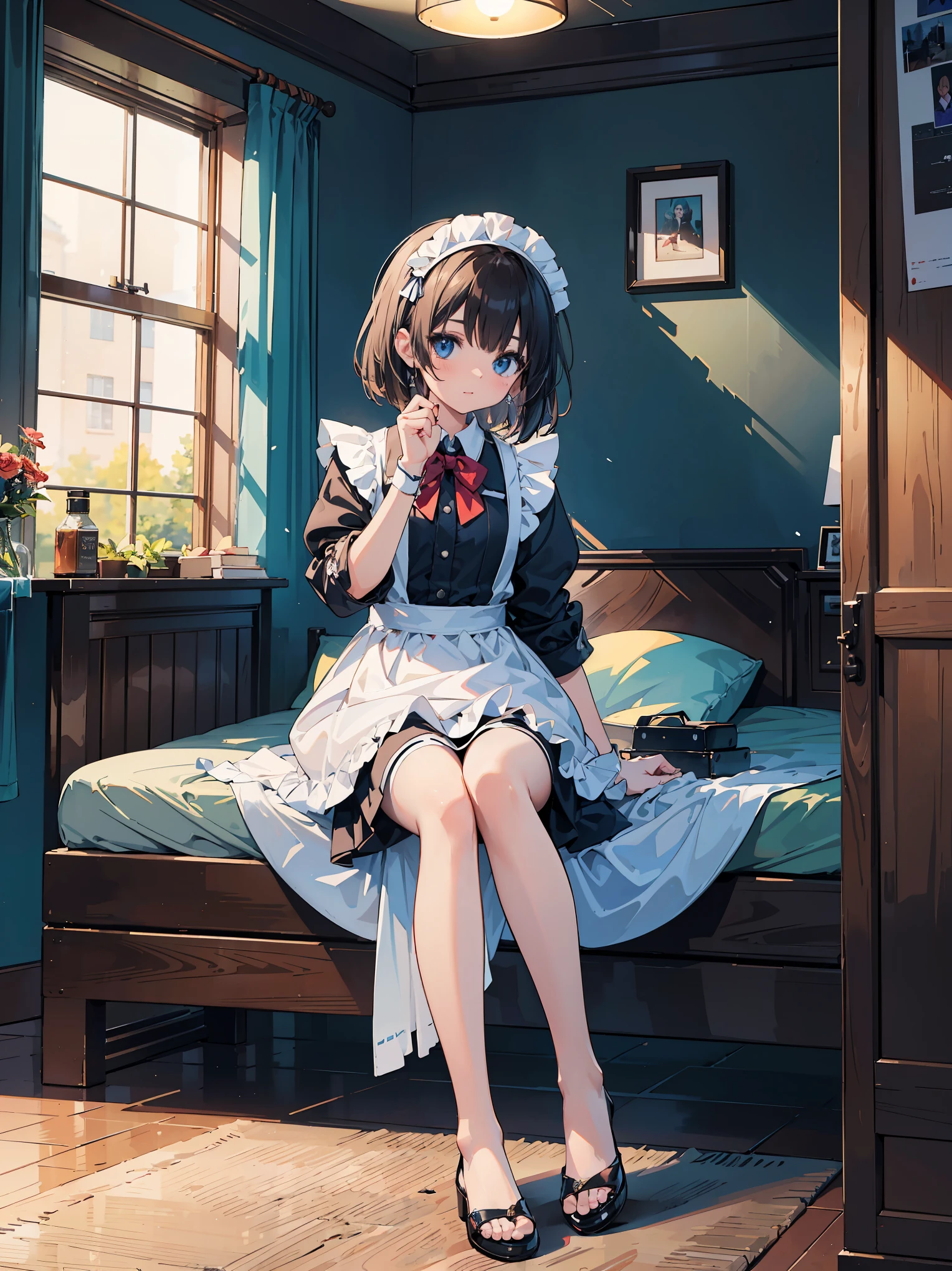 Masterpiece, ((Highest quality)), Female, ((Solo)), Female in her 20s, ((Babes)), ((Head to toe)), ((Full body)), ((Maid)), ((Female) Servant)), ((Small room in a big mansion)),((Sitting on the bed)),((It's been a long time)),((Rest day)),((Free time)),((A big mansion) Focus on the maid babes who are having fun on their day off in their small room)), ((Anime face)), Ultra high-definition 8K CG wallpaper, ultra high resolution/high definition 8K CG wallpaper, ultra high definition/high definition CG integrated 8K wallpaper, ((noise clear)),
