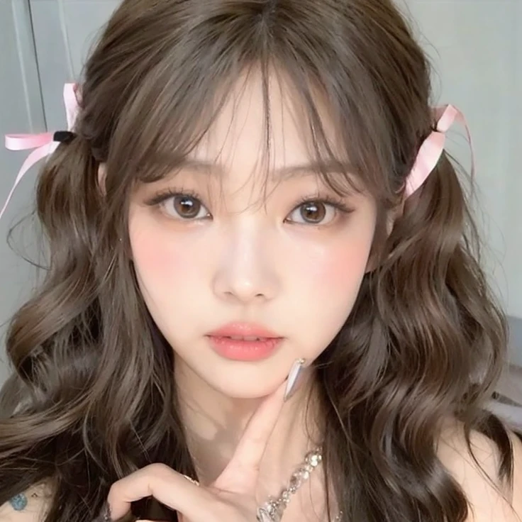 a close up of a woman with a pink bow on her head, kawaii realistic portrait, ulzzang, cute natural anime face, cute kawaii girl, popular south korean makeup, kawaii hair style, girl cute-fine-face, kawaii hairstyle, cute anime face, pretty anime face, popular korean makeup, small heart - shaped face, brown hair and large eyes