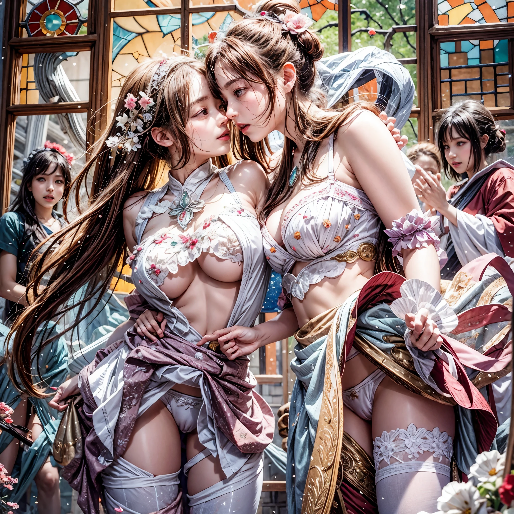 (NSFW:-1) . White and Red, (Dazzling colorful light pours down and reflects:1.2), (Physically-based Rendering with incredible detailed Textures), Award-winning Masterpiece of professional Analogue photograpy, Hasselblad Open aperture, (((Realistic and Photorealistic:1.37))), (((Acutance:0.85), { from below | from side } )) . ((A group photo of many KAWAII girls in ()) with visible Overflowing Cleavage) and Navel without bra . (((Extremely detailed KAWAII face variations)) with joyful expressions), { Detailed natural eyes with sparkling highlights and long eyelashes | Rosy cheeks | Navel | (pretty Ass) | (Overflowing underboob) | Oiled ivory skin Details | White panties with (blood seeping only in crotch area) | ((full of Flowers covering girl's body:1.15)) | (((Dazzling colorful stained glass with stunning elaborate details:1.2))) | Mystic sight | A Halo ling in the air | God rays | Haze | Lens flare | Luminescent particles | Kissing face to face } . Ultra-detailed, (Exposed:0.8), (((Nipple:-0.9, Unaligned fingers:-1))) .