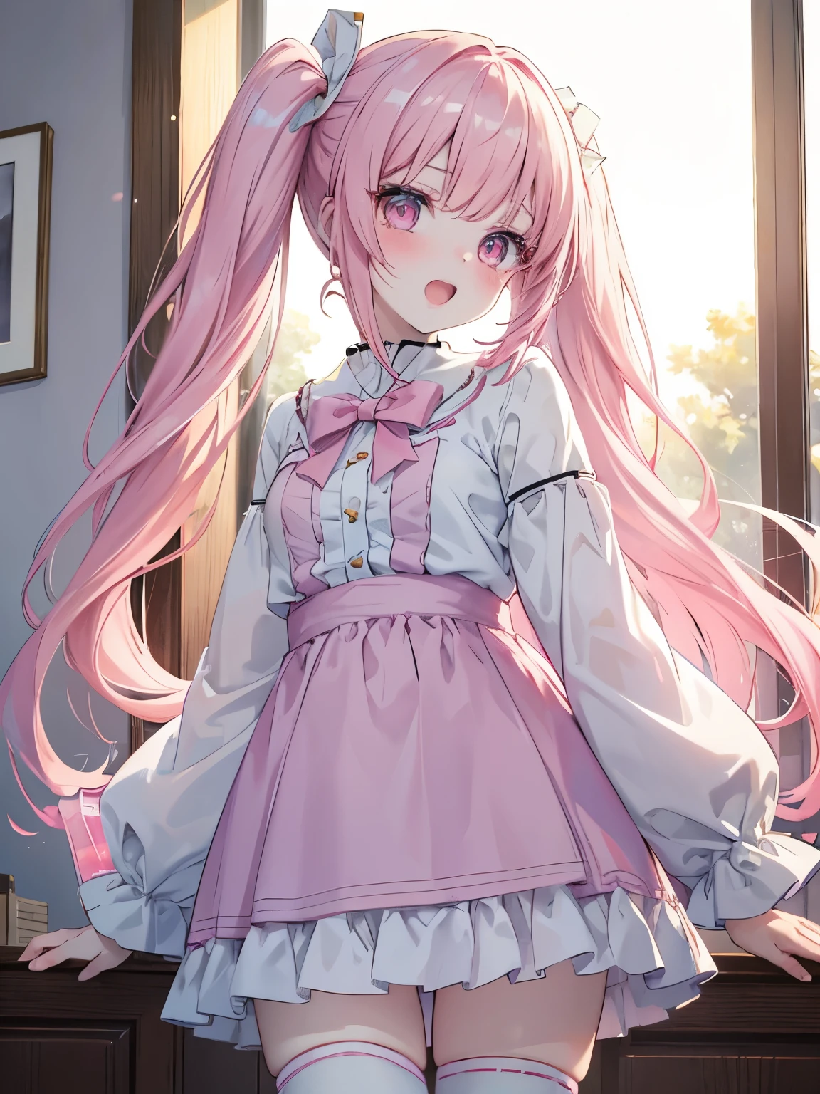 masutepiece, Highest Quality, (Perfect face:1.1), (high detailing:1.1), (ultradetailed eyes), Dramatic, superfine illustration, Extremely detailed,1girl in, teenager,(pale skin), Happy, Laugh, Enjoy,Open mouth,gloweyes,pinkhair, (long twintail),Ethereal eyes, pink eye,blush, Solo,Pouty lips,Cinematic lighting,Cowboy Shot,Lolita clothes, Pink and white,frilld, bow ribbon, Long sleeve,knee high socks,morning,sunny,indoor