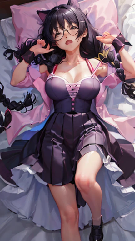 hanekawa tsubasa、attack of glasses、black hairの、big breastsの全裸、 (black hair, brown eyes, round face), big breasts, With ribbon, (blush your nose, Naughty, half-open eyes, drooling),on the bed in the infirmary, [full body shot]、BDSM、Lots of love juice、pale pubic hair、wearing a black dog collar,full body shot,wide open legs、Glasses、lying in bed、hands tied above the head、head to toe shot、Squirting、Squirting、hips move up and down、chest moves up and down、cry in pain、Pee、((masterpiece)), ((highest quality)), (Super detailed), ((cute)), cute, (Lovely), ((very detailed)), 4K, (8K), highest quality, (beautiful), anime style、pink nipples、full nude、