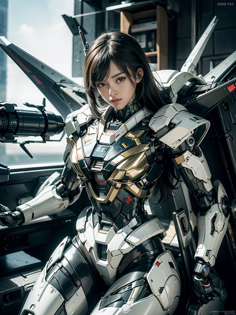 Textured skin, Super Detail, high details, High quality, Best Quality, hight resolution, 1080p, hard disk, Beautiful,(Gundam),beautiful cyborg woman,Mecha Cyborg Girl,Battle Mode,Girl with a Mecha Body,She wears a futuristic Gundam mecha,Fulll body Shot