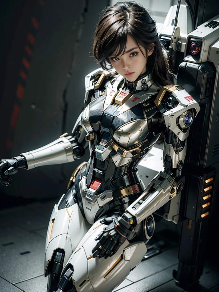 Textured skin, Super Detail, high details, High quality, Best Quality, hight resolution, 1080p, hard disk, Beautiful,(Gundam),beautiful cyborg woman,Mecha Cyborg Girl,Battle Mode,Girl with a Mecha Body,She wears a futuristic Gundam mecha,Fulll body Shot
