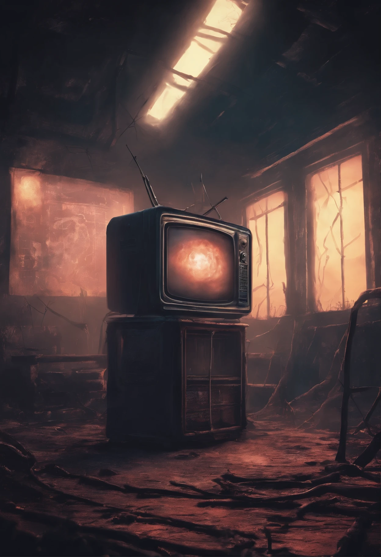 Creepy tube television in a spooky atmosphere