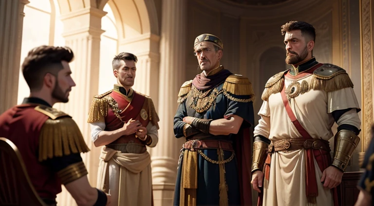 a roman general reciting an inspiring speech to his men who watch him with attention 