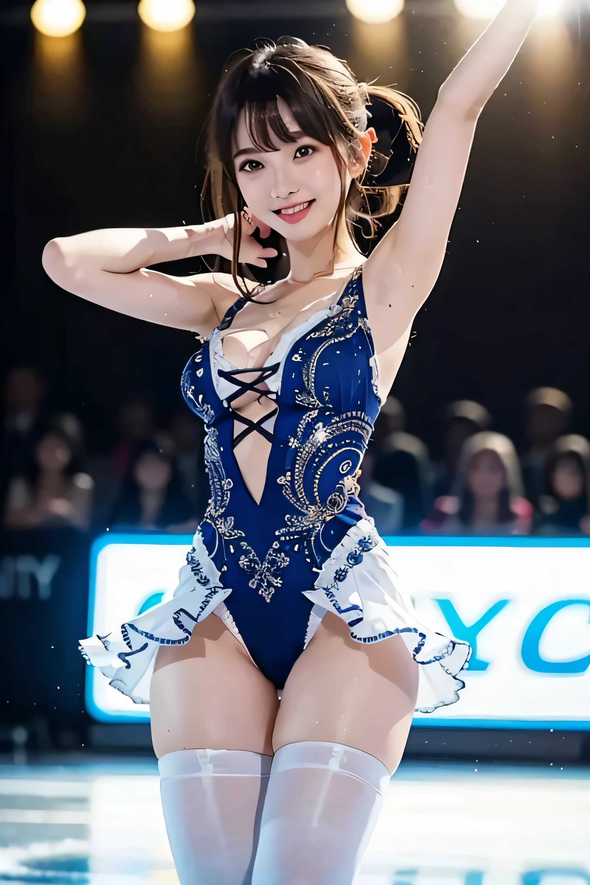 ((RAW image quality:1.4)), 8K resolution、(official art、highest quality、unity 8k wallpaper、At 32K、masterpiece、Super detailed、ultra high resolution、genuine、photogenuineistic:1.2)、(cinematic lighting:1.2)、(whole body)、genuineistic student、Sharp eyes and white figure skating costume、While skating、frills、sharp focus、(Self-filling appearance:1.2)、I opened my mouth a little..、smile、There were a lot of people in the audience、It has an enthusiastic audience、(braided ponytail、Beautiful hair of golden color、 eyes are blue)、(Play Figure Skating、Stretch your arms and glide:1.2)、cleavage、thighs、(sweating:1.2)、