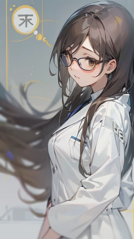 masterpiece, 最high quality, high quality, Female 1、30 years old,alone, female focus, Appears to be thinking, whole body, well-made face, long straight hair、black hair, brown eyes, wearing glasses, doctor、white clothes、white clothesを着ている、raising hand to greet