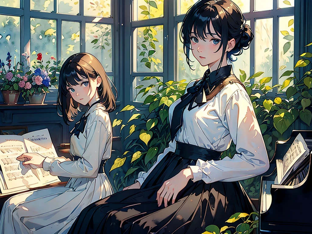 ((Watercolor by singer Sargent))、(highest quality、masterpiece)、1 girl、、wonderful、short black hair、black eye、small breasts、uniform、long skirt、piano、Draw sheet music for lots of music、score、music、Floral、window、Foliage plant、 wood、soft light、