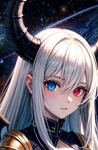 ((best quality)), ((masterpiece)), (detailed), perfect face ((best quality)), ((masterpiece)), (detailed), perfect face, 1 man, outer space background, light particle, solo, blonde hair with purple tips, two block hair cut, heterochromia eyes, right eye purple, left eye blue, standing, Elegant, majestic black dragon wings, majestic black dragon horns, majestic black dragon tail