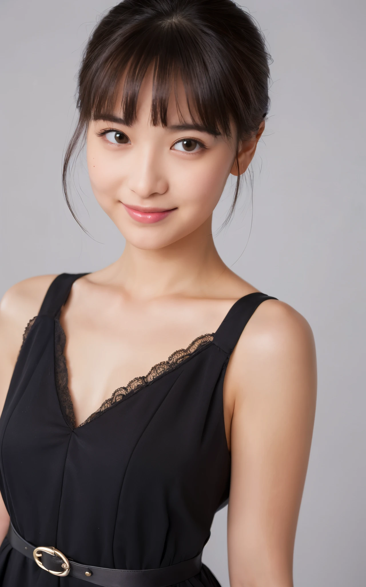 ((of the highest quality, 8K, masutepiece: 1.3)), Beauty, 1 Japanese Girl, cute girl, full body, standing, light smile, dark brown hair, bob hair, ((straight hair)), 29 years old, Detailed face, very detailed lips, Detailed eyes, Double eyelids, Sweaty skin: 1.2, (shift dress, black dress, long dress, sandals), white background,