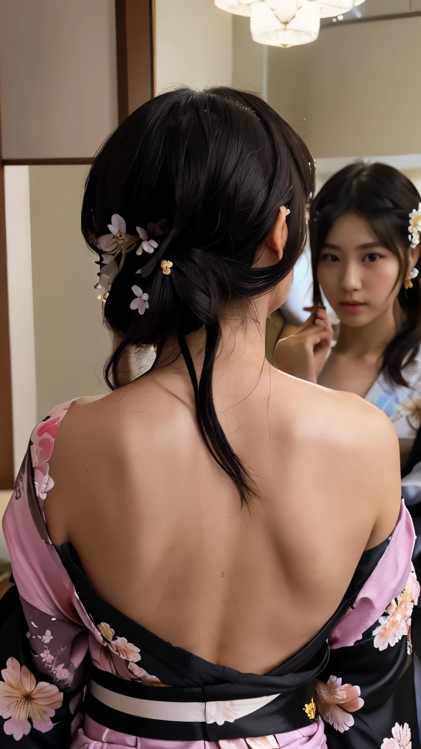 NSFW、最high quality、high quality、best image quality、8K、最High resolution、High resolution、最high quality、masterpiece、realistic pictures、RAW photo、realistic atmosphere、(detailed face)、(fine hands、thumb１reference４)、(beauty of japan )、very nice face、cute face、((beautiful japanese girl))、(woman), ((18 year old beautiful girl))、(glossy black hair)、(straight long hair)、(ponytail)、whole body、slim style、(shiny skin)、(Fair skin, Glossy skin)、real human skin、realistic human body structure、perfect body， perfect face， perfect hands， perfect fingers， perfect lips， perfect eyes，perfect teeth、perfect background， perfect atmosphere， soft natural light、samurai kimono、maiko kimono、servant、geisha kimono、japanese kimono、Furisode、kimono、Yukata、japanese traditional、((There is a very large mirror in the room.))、((The girl in front of the mirror and the girl on the other side of the mirror are identical twins...))、((There is an invisible wall between the twin girls.))、((Twin girls facing each other through the mirror.))、((twin girls look the same(The same face、Same hairstyle、Same body type、Dress the same、Same pose))、((Twin girls are playing and imitating each other(Two sides of the same coin))、((colorful transparent see-through(flowery kimono、Hakama with side slits))、Angle from diagonally behind