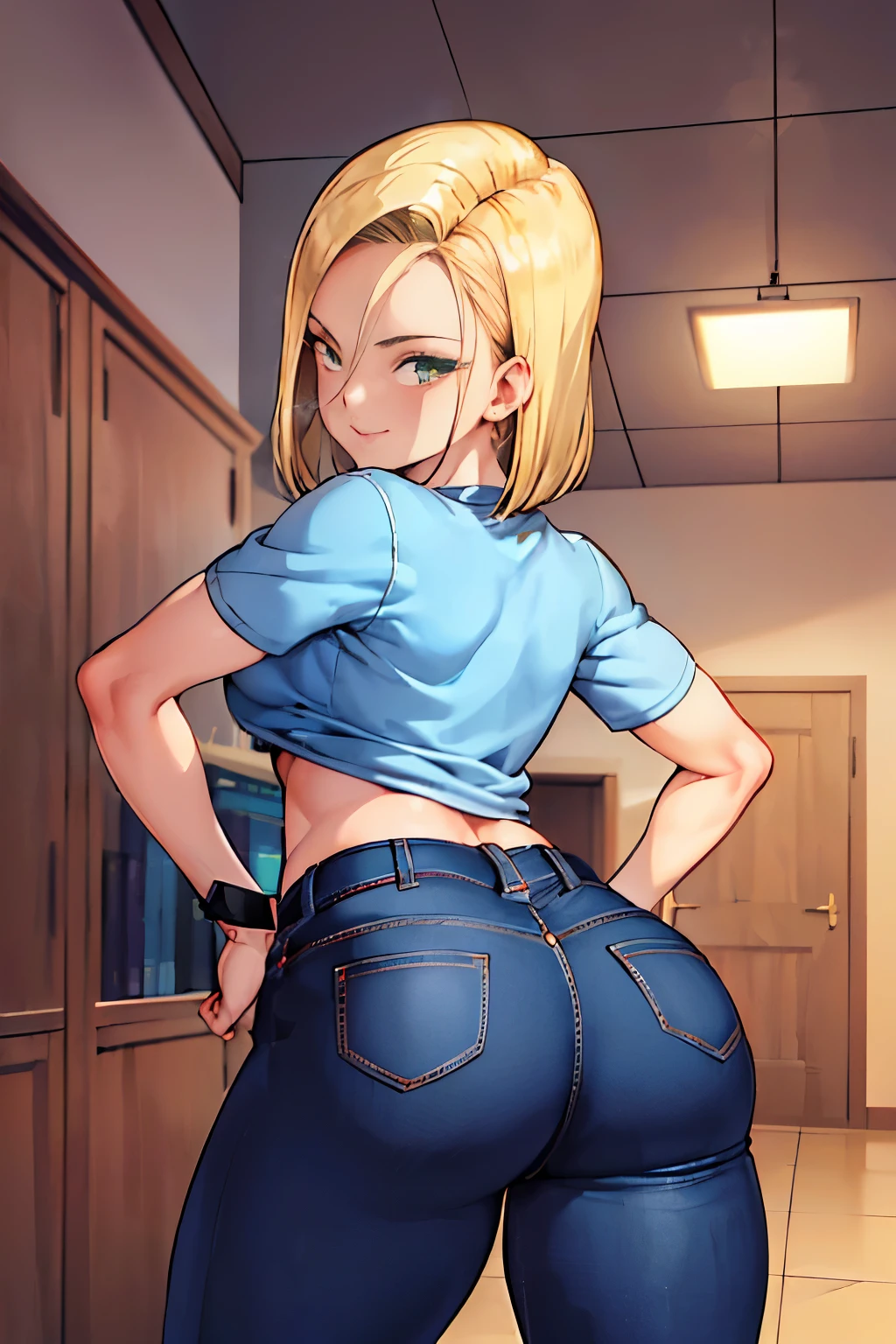 obra de arte, melhor qualidade, ultra-detalhado, absurdo, Retrato de android18DB bonito, rosto realista, Sozinho, brincos, joia, jeans, sorriso, cinto, colete, pants, ar livre, luvas, colar, jeans, pedra, sentado, volumetric lighting, melhor qualidade, obra de arte, detalhes intrincados, mapeamento de tom, sharp focus, hiper detalhado, peitos grandes e grandes, Corpo fino, big booty and curves, Destroyed city background, roupas danificadas, ((NSFW))