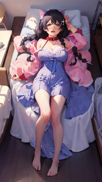 hanekawa tsubasa、attack of glasses、black hairの、big breastsの全裸、 (black hair, brown eyes, round face), big breasts, With ribbon, (blush your nose, Naughty, half-open eyes, drooling),on the bed in the infirmary, [full body shot]、BDSM、Lots of love juice、pale pubic hair、wearing a black dog collar,full body shot,wide open legs、Glasses、lying in bed、hands tied above the head、head to toe shot、Squirting、Squirting、hips move up and down、chest moves up and down、cry in pain、Pee、((masterpiece)), ((highest quality)), (Super detailed), ((cute)), cute, (Lovely), ((very detailed)), 4K, (8K), highest quality, (beautiful), anime style、pink nipples、full nude、