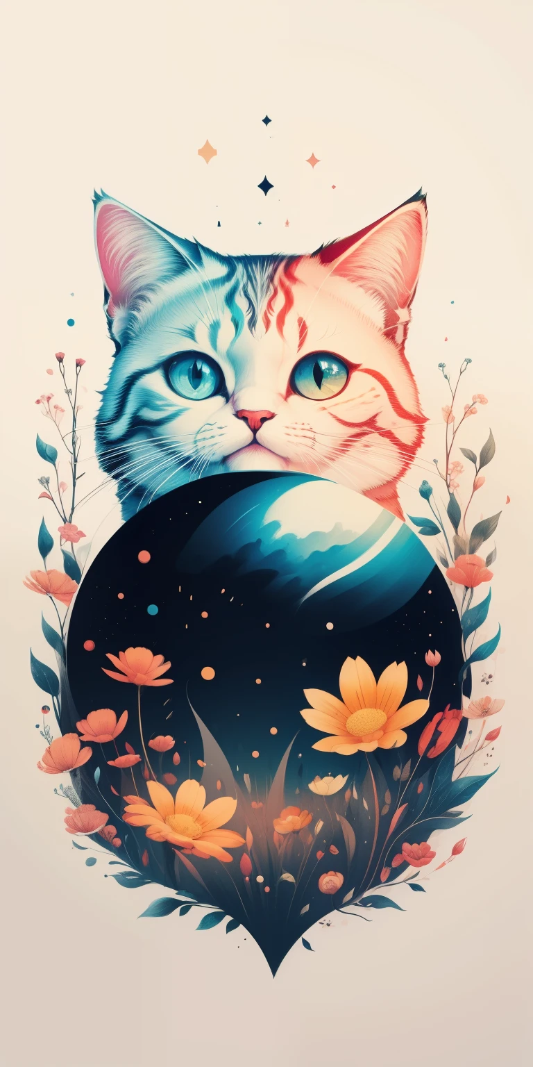 (obra de arte, melhor qualidade: 1.2), Shukizuma, negative space, Shuimobysim, pintura a tinta, Cores coloridas, traditional chinese, gatinho fofo brincando com flores, peaceful, (sorriso), Olhando para as cenas, color saturation, cores brilhantes