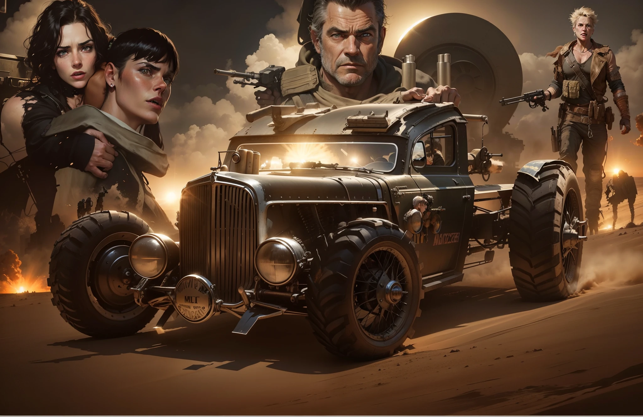 A heavily armed vehicle with machine guns and in the background female and male characters from the film Mad Max and Mel Gibson holding a gun and a sun shining in the sky of a huge Australian desert