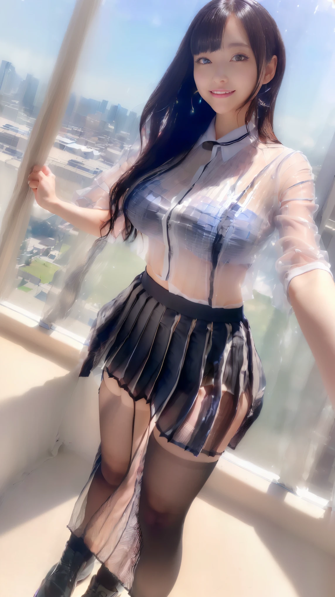 (8K、ultra high resolution、highest quality、masterpiece、realistic、ultra high resolution)、(big breasts、high school girl uniform、(Always transparent and see-through pleated miniskirt、Look inside the skirt):1.4)(school rooftop、black straight hair:1.15)japanese woman、cute smile、Must wear black pantyhose、black loafers