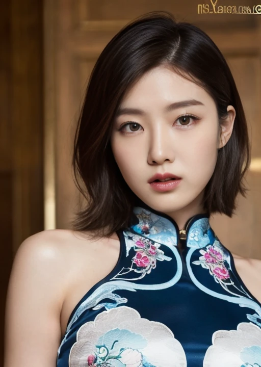wearing Chinese clothes、open chest、Be braless、Nothing is worn inside、A woman with the same face as last time(misaki)，４Ｋ、１people&#39;s women、slender、 Loose wavy styling 、full body shot、seductive and attractive,Including face and skin texture，detailed eyes、a seductive look