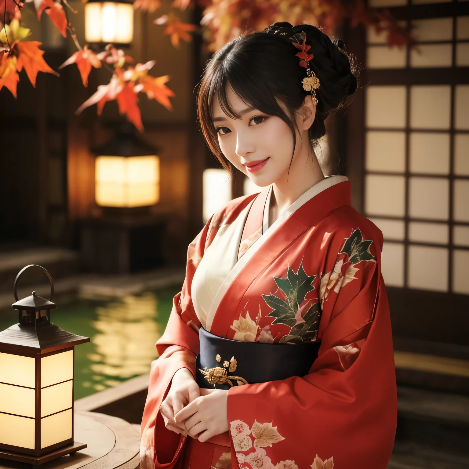 ((highest quality、table top、8K、best image quality、very intricate and detailed details))、1 prostitute、Oiran kimono、Oiran kimono、正確なOiran kimono、華やかなOiran kimono、背景は高級hot spring旅館の庭園..、smile at the camera、Photo from the waist up、((red autumn leaves、red autumn leaves、Autumn foliage))、Japanese garden、(stone lantern)、(hot spring)、1 lantern、(Corridor of the inn、Japanese-style ryokan)、midnight、Cloudy、lantern light、red lipstick、long eyelashes、perfect makeup、dark night、naked and wearing only a kimono、detailed face