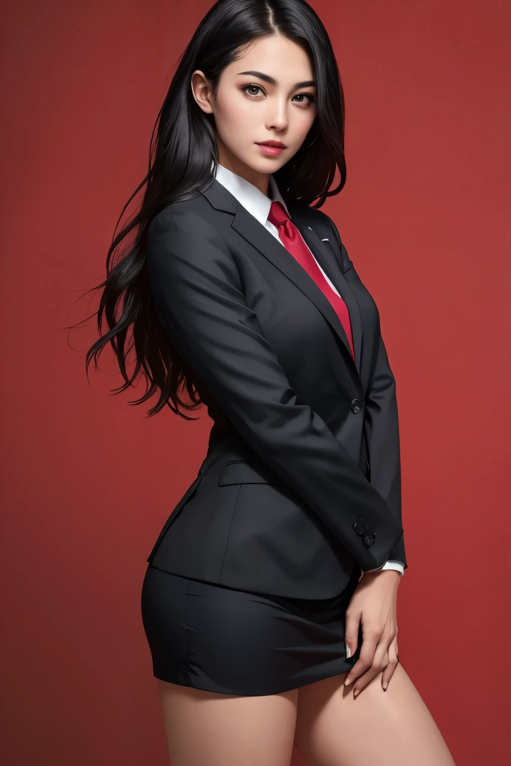 ((best quality)), ((masterpiece)), (detailed), perfect face , Fujifilm, style photo of there is a woman with long hair in a black suit face and body look front , close up , photo state , normal breast , girl in suit wearing black business suit, wearing business suit, , woman in black business suit mini skirt, red Background solid , in photo studio , ((Ultra realistic)) , ((16 k UHD))