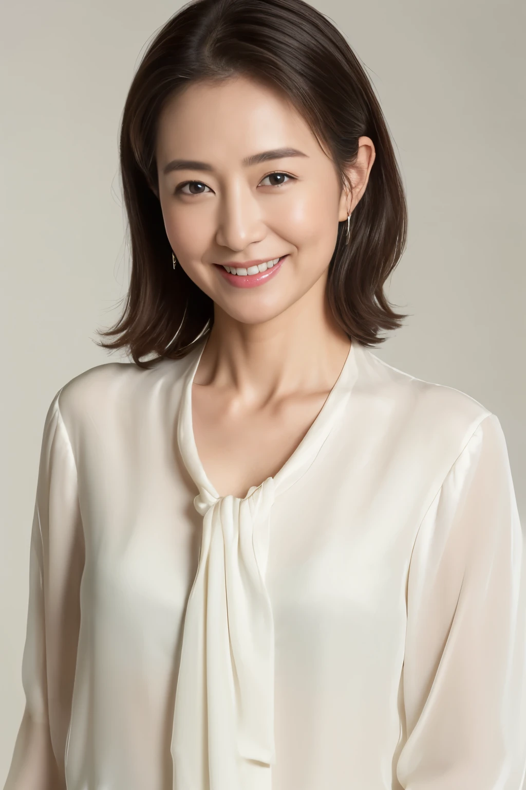 ((highest quality、8K、masterpiece:1.3))、open white silk blouse、smile、40age、massive chest with tension