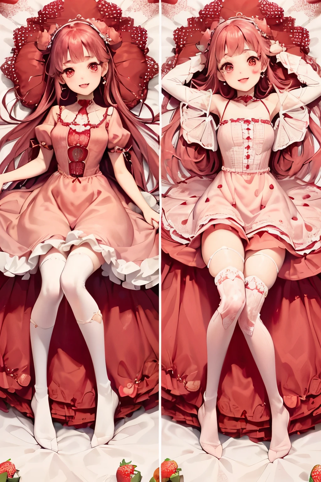(pastel-red theme:1.2),((Strawberry Gothic Dress with Strawberry pattern:1.4)), (Strawberry ornament:1.3),(Strawberry earrings:1.2),(white Knee High Socks:1.3),(smile:1.2),(Eye size:1.5),(high resolution:1.5),(Vibrant color:1.4),(close up of face:1.25),(ta style:1.35),(whole body:1.5)