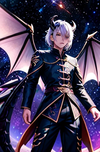 ((best quality)), ((masterpiece)), (detailed), perfect face ((best quality)), ((masterpiece)), (detailed), handsome face, 1 man, outer space background, light particle, solo, blonde hair with purple tips, two block hair cut, heterochromia eyes, right eye purple, left eye blue, standing, majestic black dragon wings, majestic black dragon horns, majestic black dragon tail