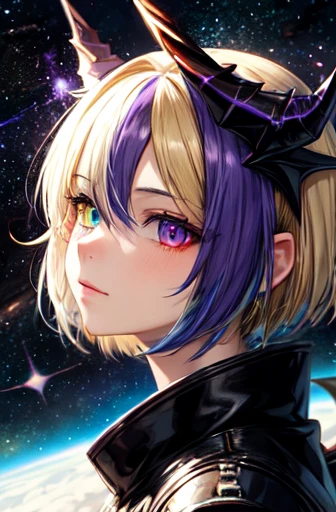 ((best quality)), ((masterpiece)), (detailed), perfect face ((best quality)), ((masterpiece)), (detailed), handsome face, 1 man, outer space background, light particle, solo, blonde hair with purple tips, two block hair cut, heterochromia eyes, right eye purple, left eye blue, standing, majestic black dragon wings, majestic black dragon horns, majestic black dragon tail